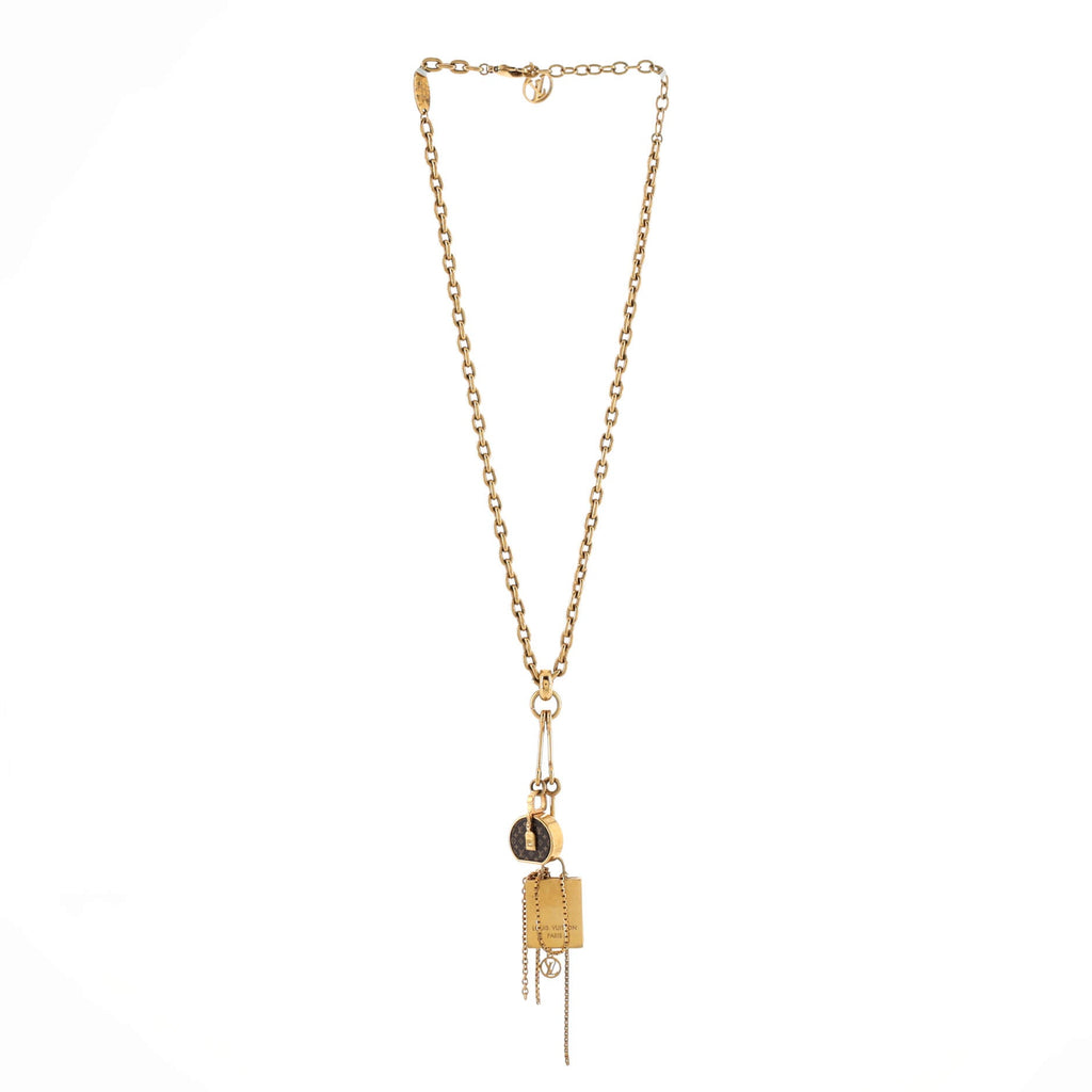Mini LV Boite Chapeau Pendant Necklace Metal and Monogram Canvas
