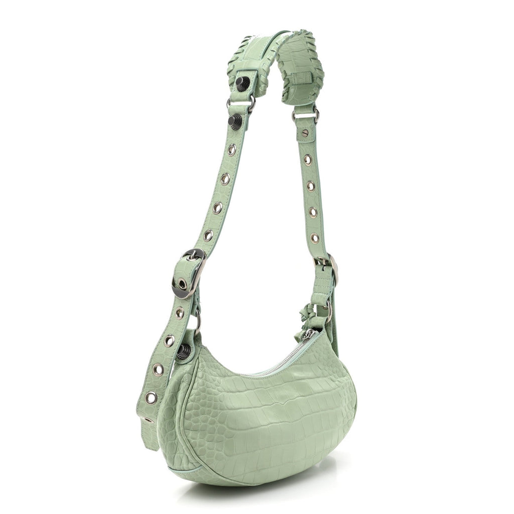 Extra Supple Calfskin Crocodile Embossed Le Cagole Shoulder Bag XS Light Green