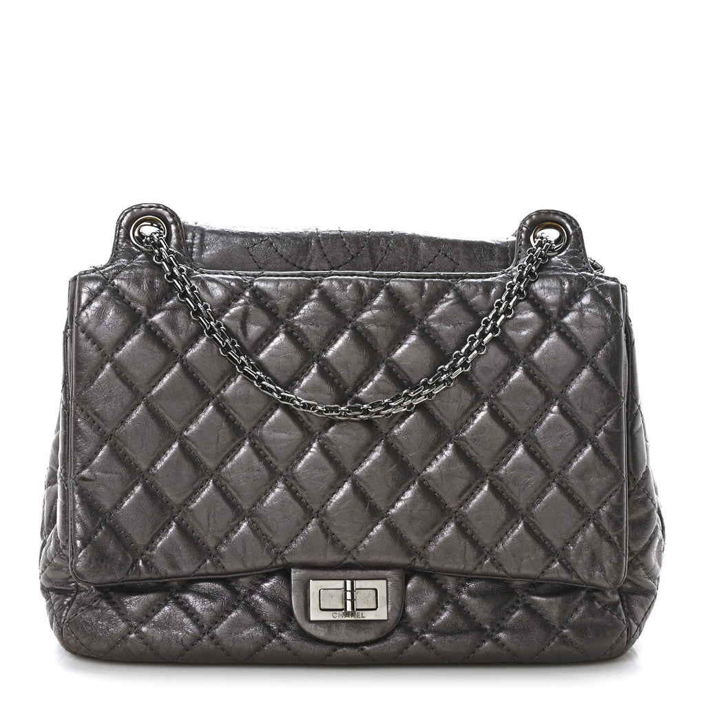 Metallic Aged Calfskin Quilted Reissue 2.55 Accordion Flap Dark Silver