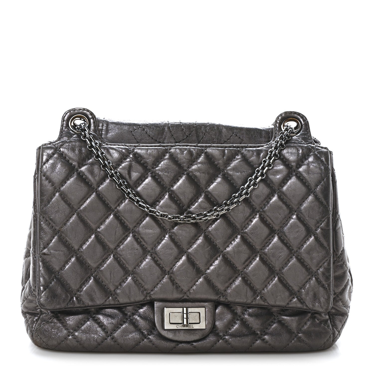 Metallic Aged Calfskin Quilted Reissue 2.55 Accordion Flap Dark Silver