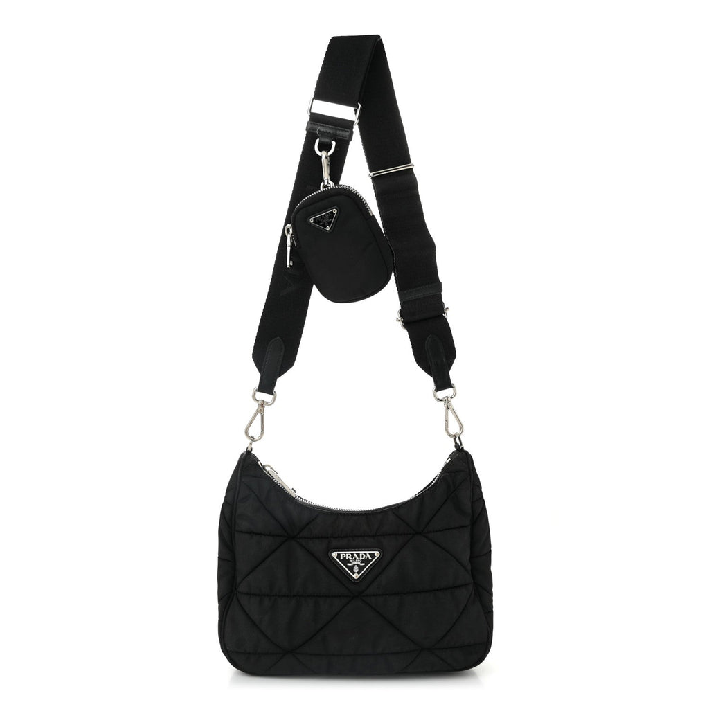 Tessuto Nylon Triangle Quilted Padded Patchwork System Shoulder Bag Black