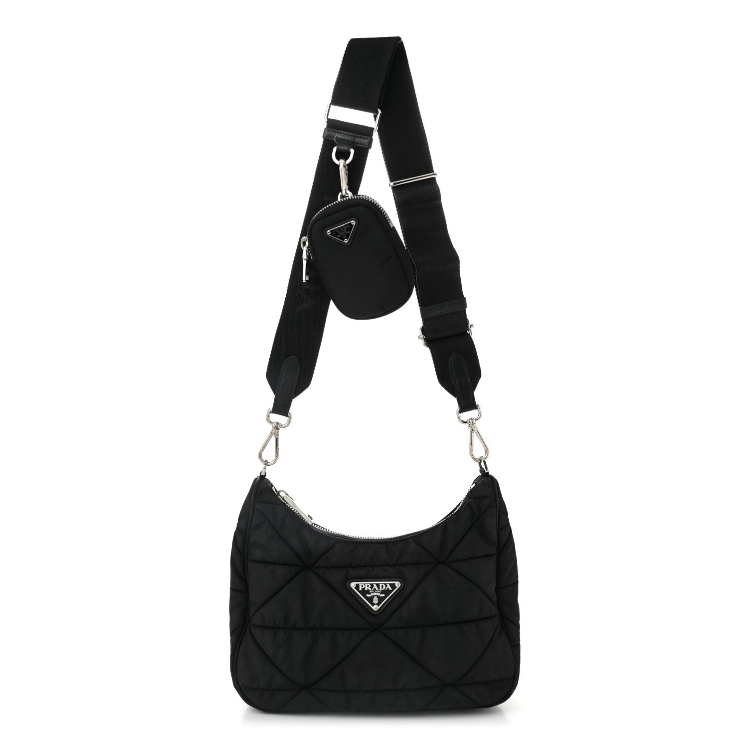 Tessuto Nylon Triangle Quilted Padded Patchwork System Shoulder Bag Black