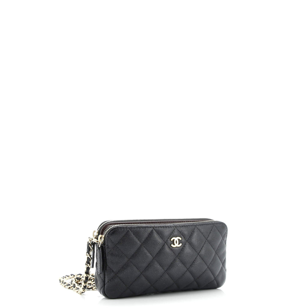 Double Zip Clutch with Chain Quilted Caviar