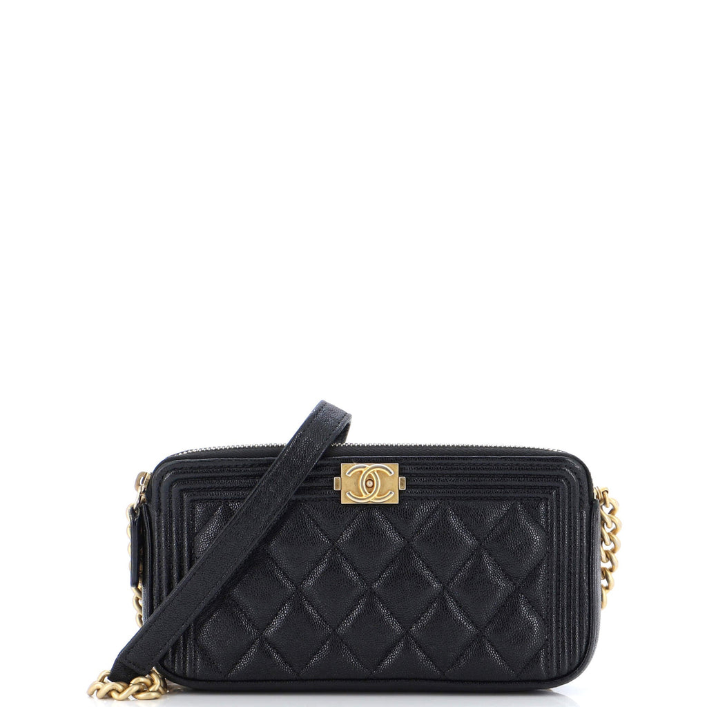 Boy Double Zip Clutch with Chain Quilted Caviar