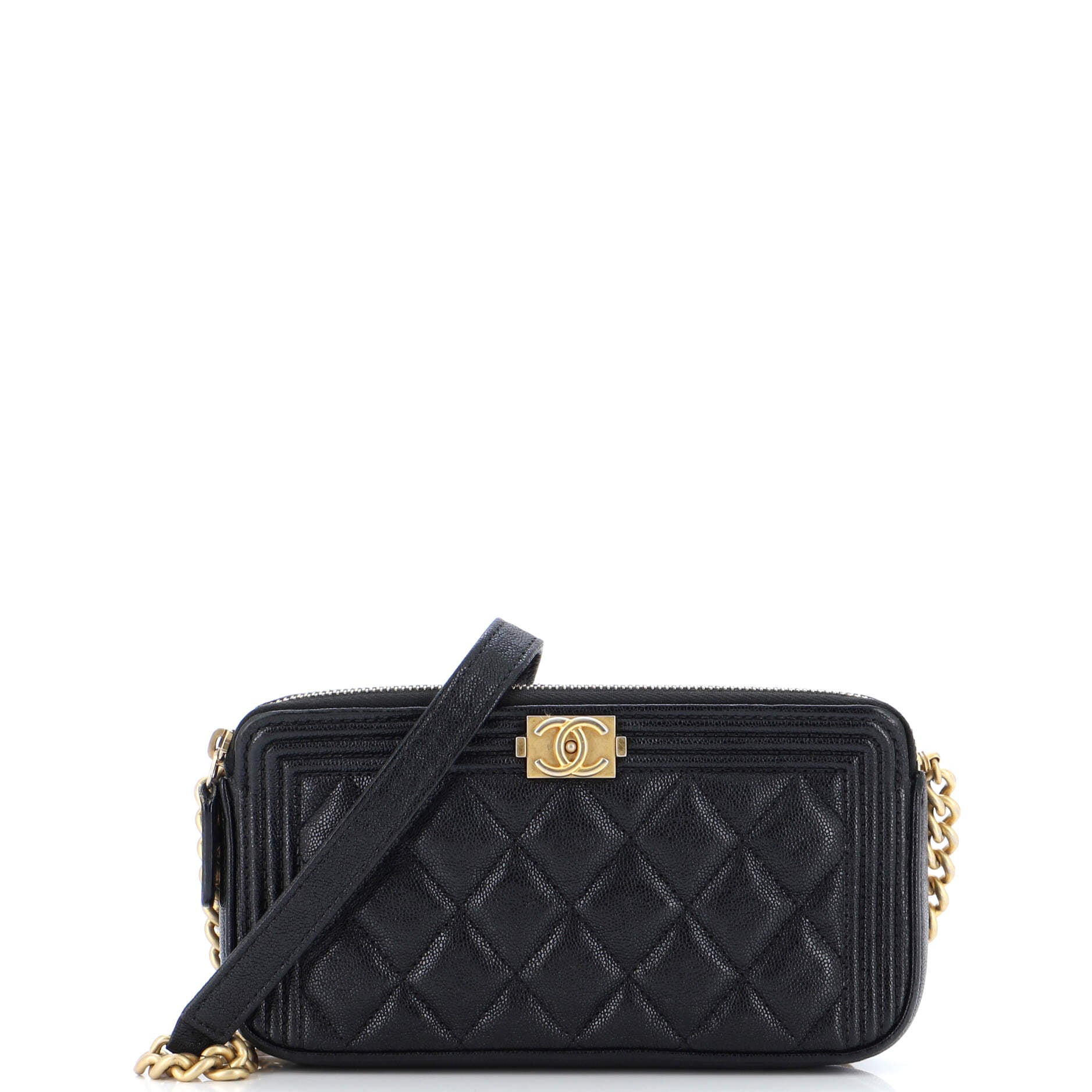 Boy Double Zip Clutch with Chain Quilted Caviar
