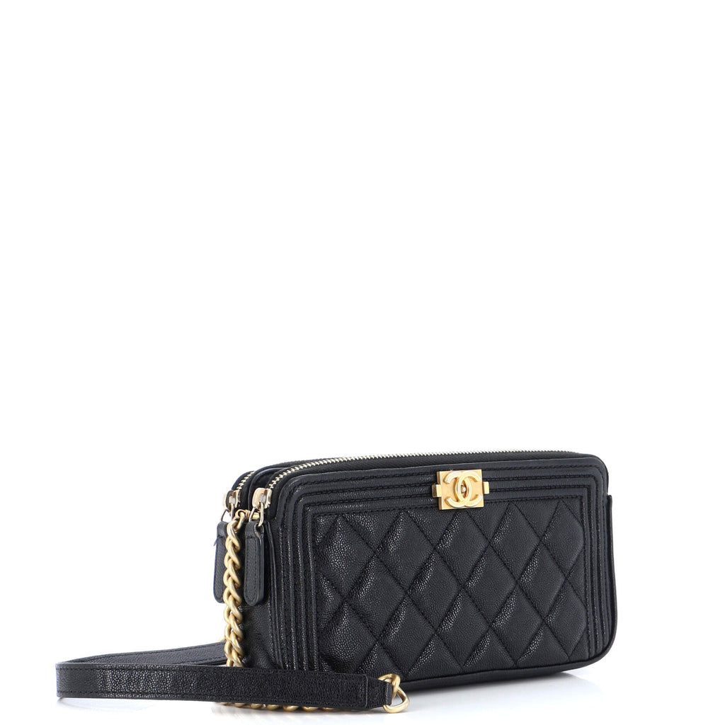 Boy Double Zip Clutch with Chain Quilted Caviar