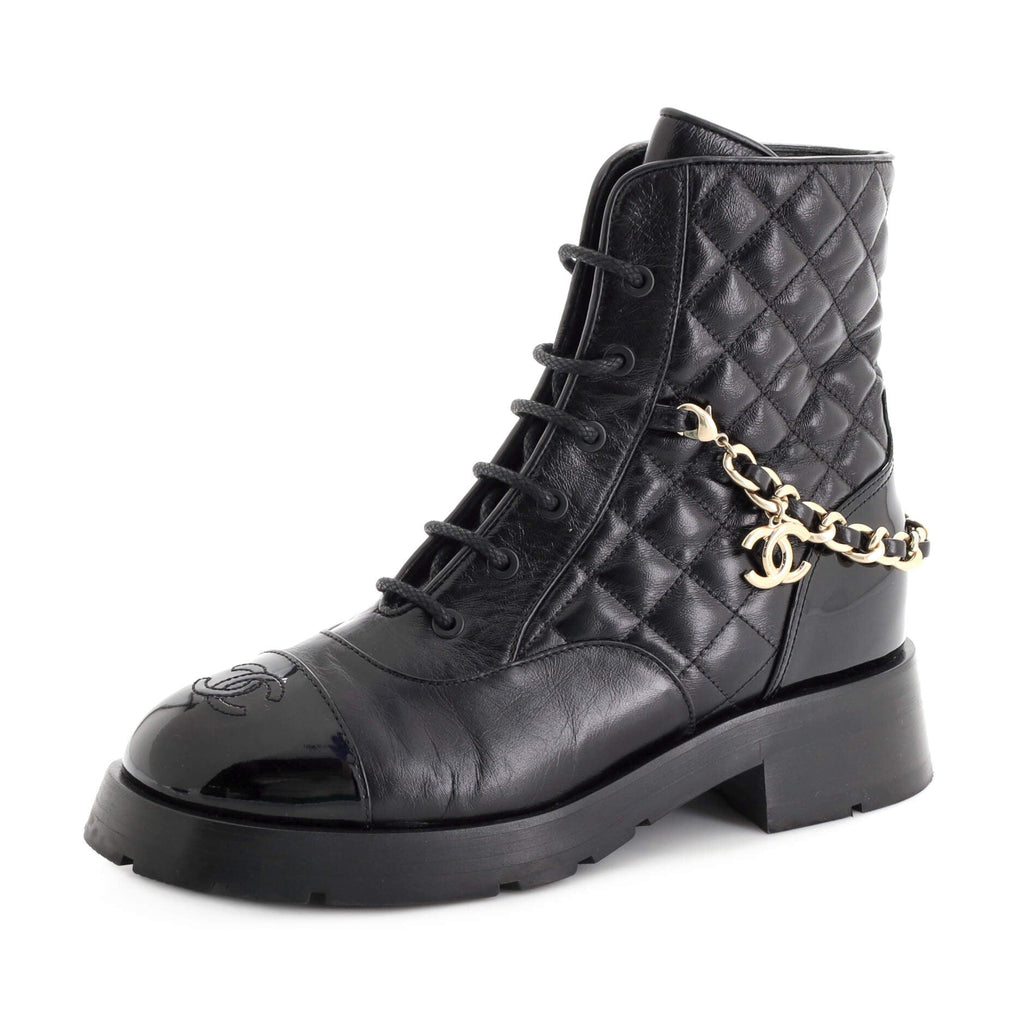 Women's Chain CC Cap Toe Lace Up Combat Boots Quilted Shiny Calfskin