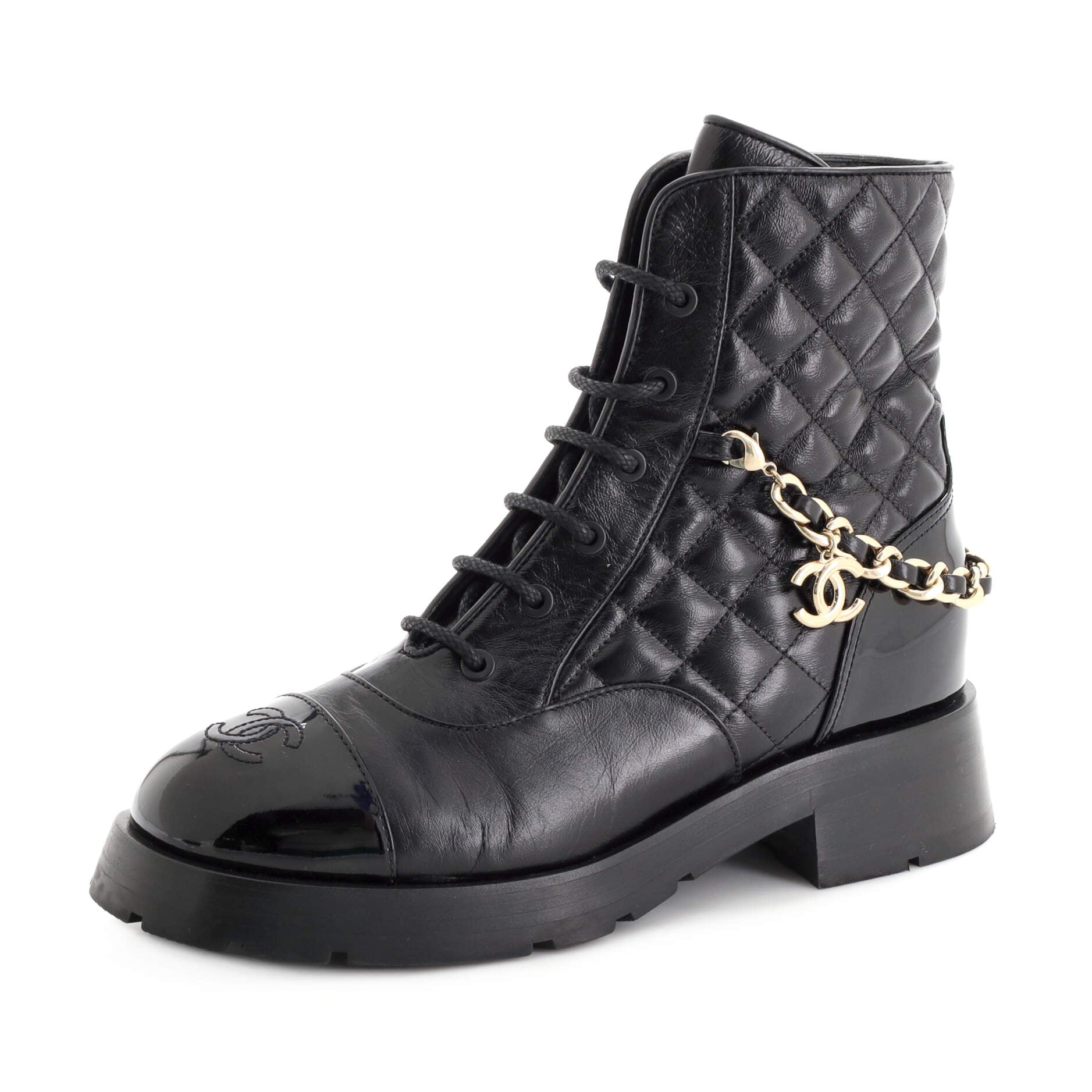 Women's Chain CC Cap Toe Lace Up Combat Boots Quilted Shiny Calfskin