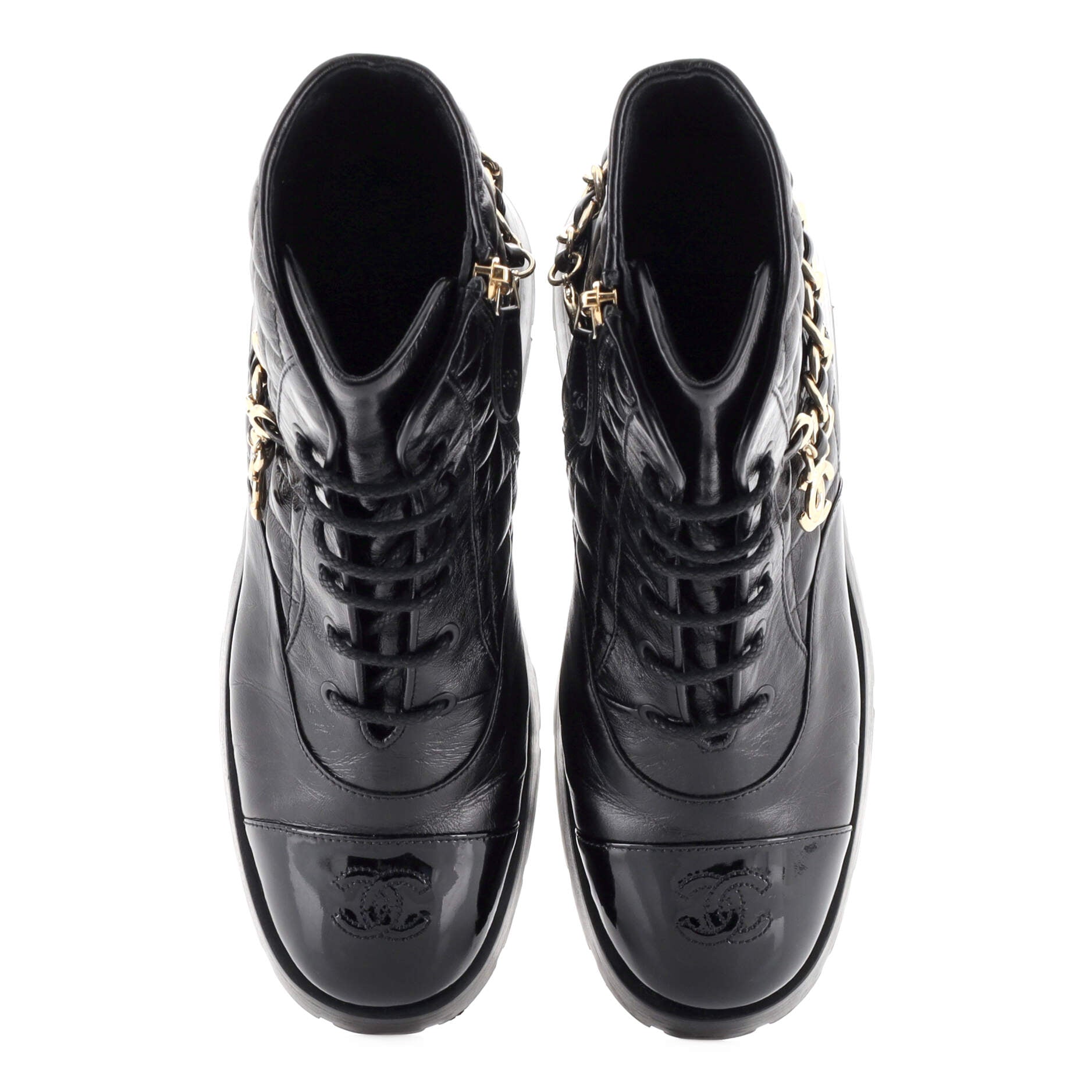 Women's Chain CC Cap Toe Lace Up Combat Boots Quilted Shiny Calfskin