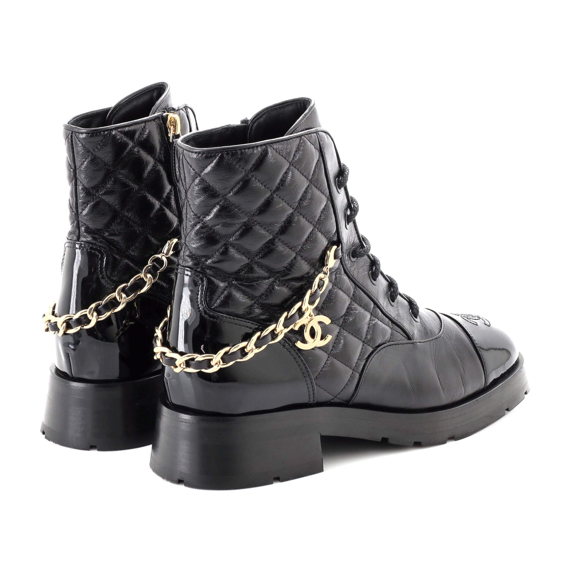 Women's Chain CC Cap Toe Lace Up Combat Boots Quilted Shiny Calfskin