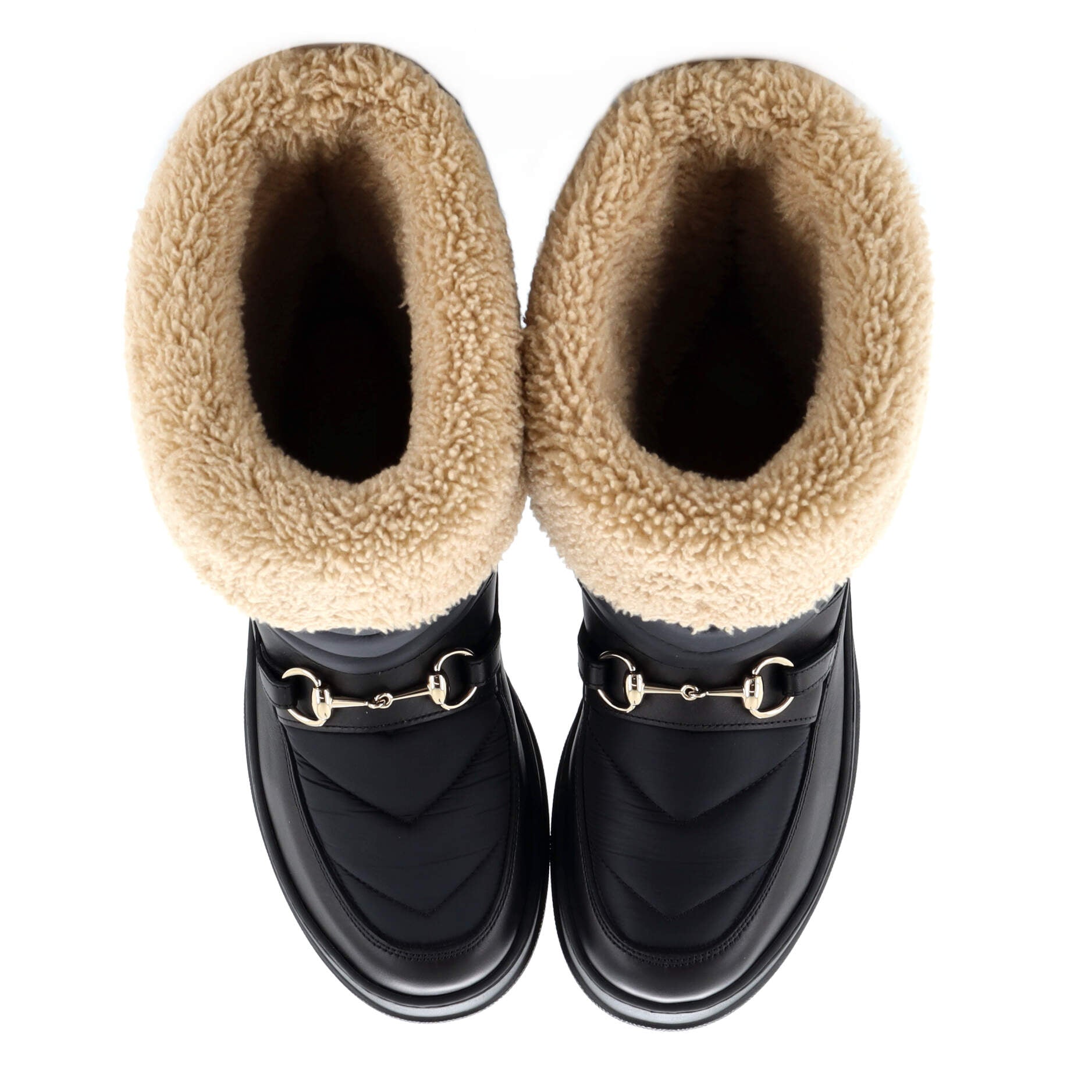 Women's Horsebit Cold Weather Flat Boots Matelasse Nylon and Leather with Shearling