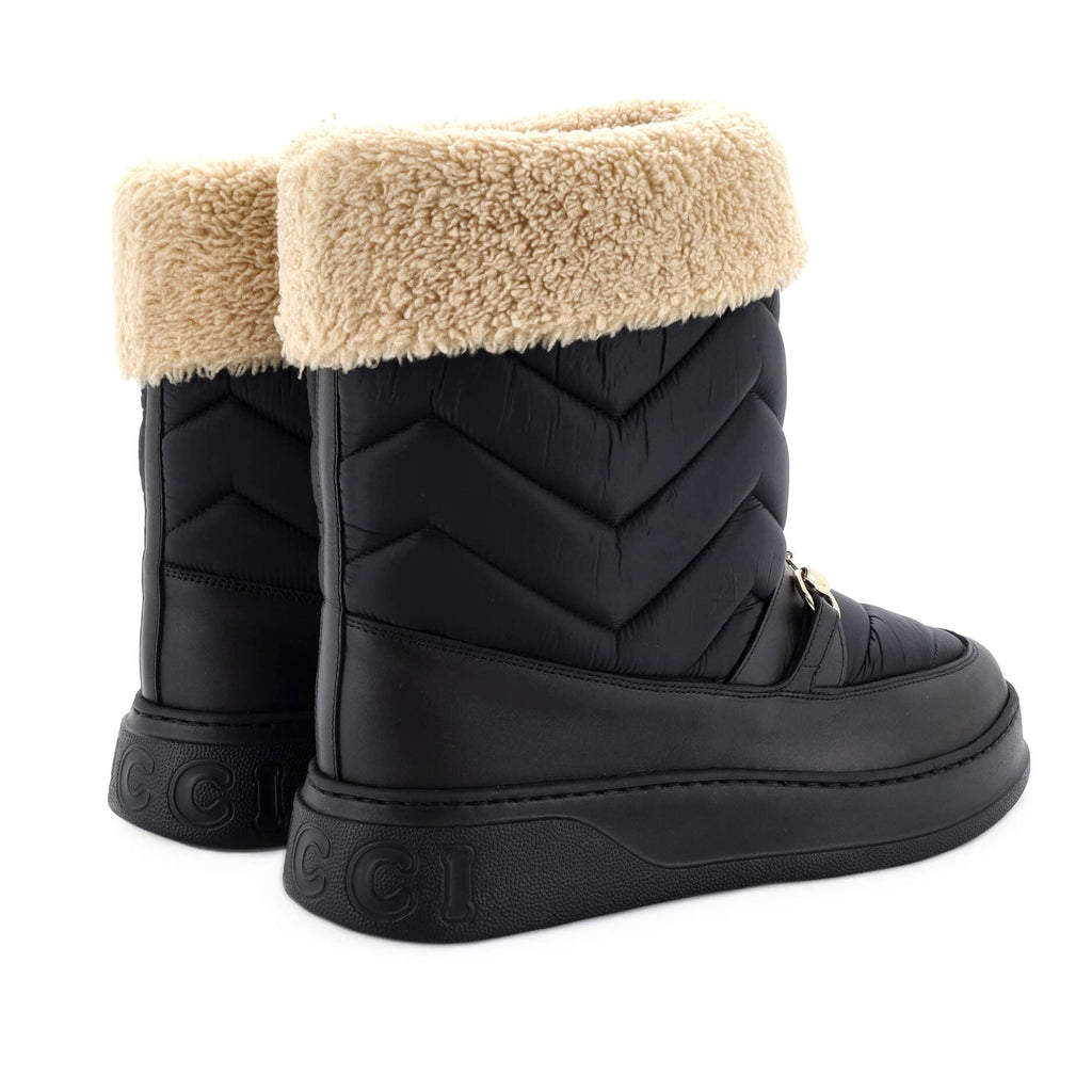Women's Horsebit Cold Weather Flat Boots Matelasse Nylon and Leather with Shearling