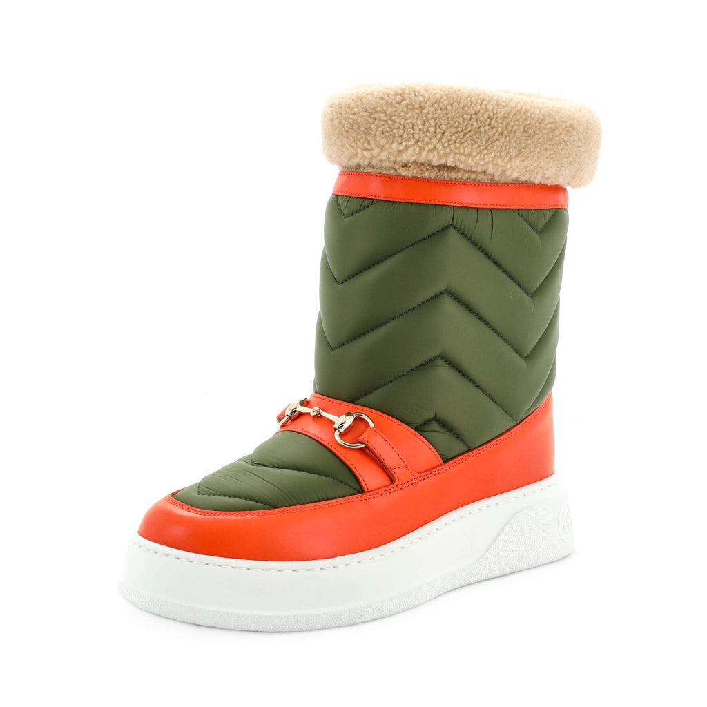 Women's Horsebit Cold Weather Flat Boots Matelasse Nylon and Leather with Shearling