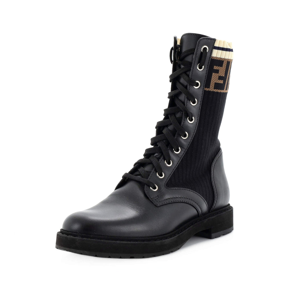 Women's Rockoko Combat Boots Leather and Zucca Knit Stretch Fabric