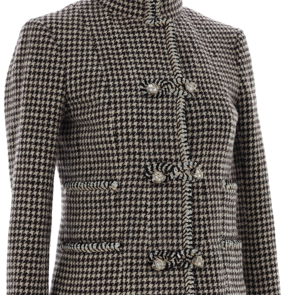 Women's Houndstooth Stand Collar Jacket with Crystal Closures Wool