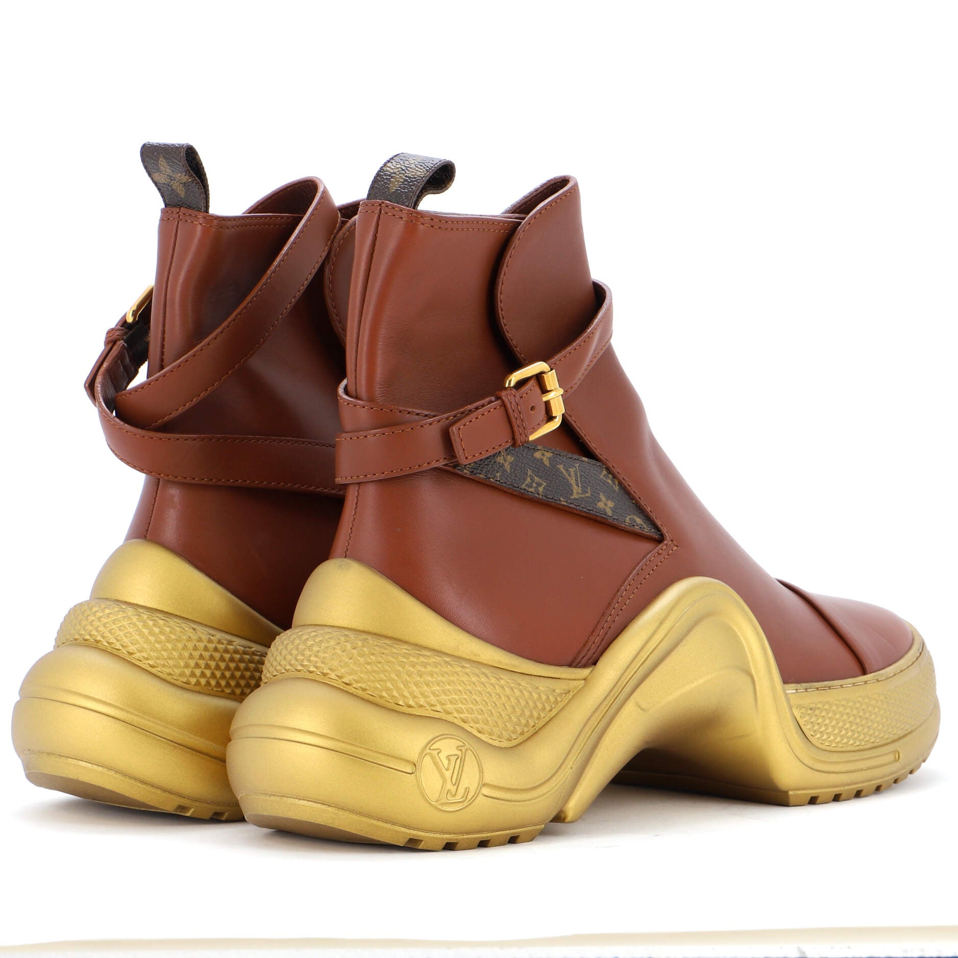 Women's Archlight Buckle Strap Ankle Boots Leather with Monogram Canvas