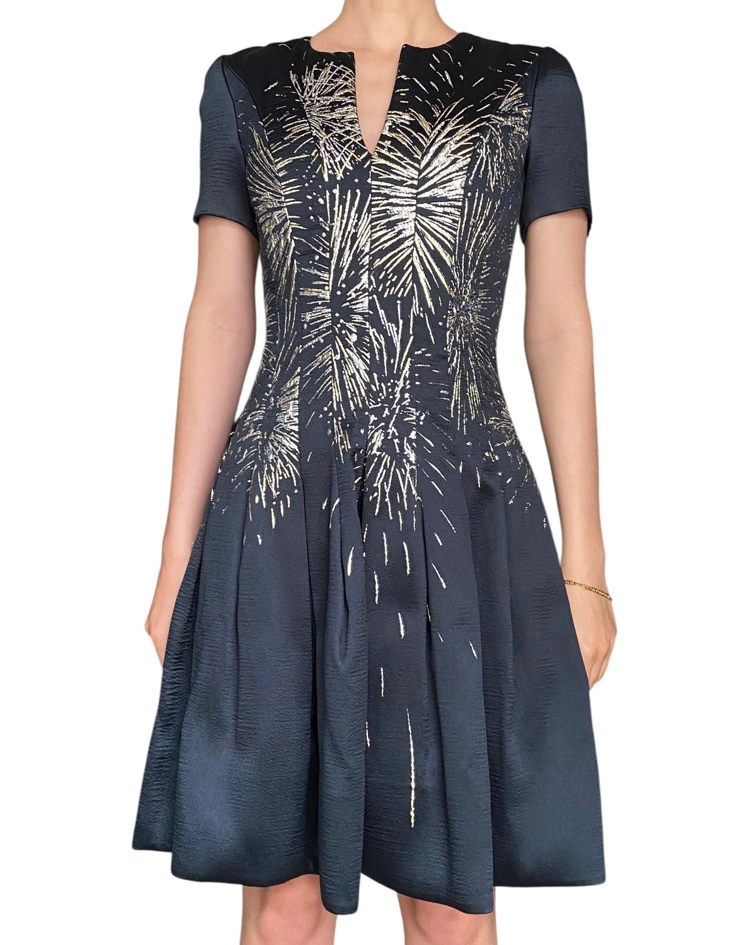 Oscar De La Renta Navy Pleated Metallic Jacquard Mini Dress - 0