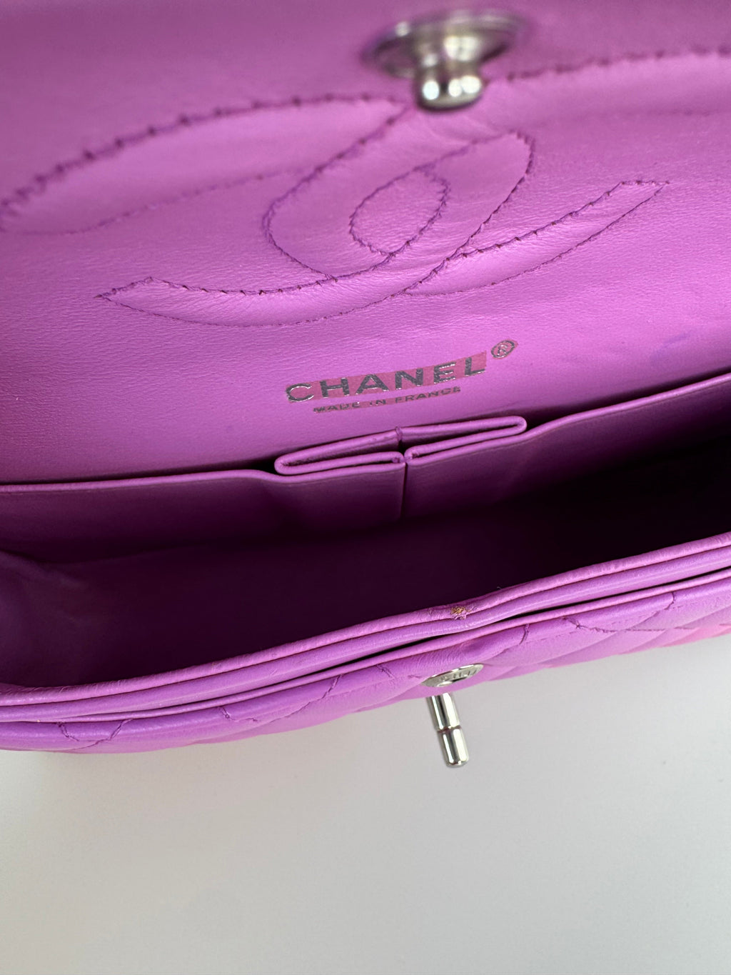 Chanel Medium Classic Double Flap Bag in Purple Leliac Lambskin Leather Silver Hardware