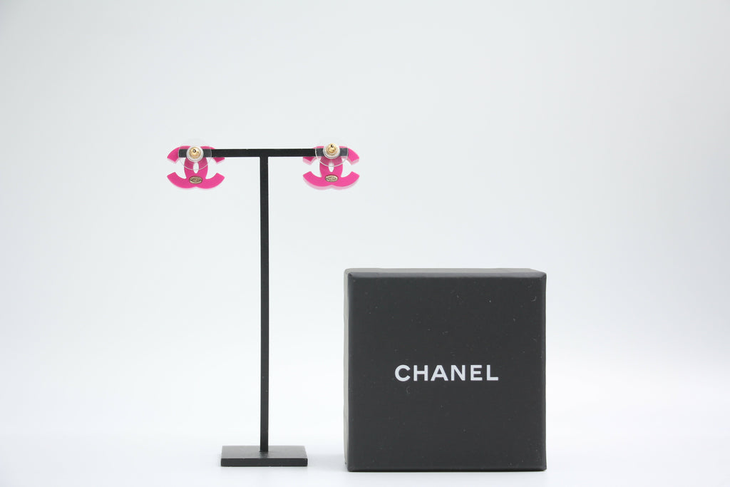 Chanel 2018 Resin Silver Glitter Pink Stud Earrings
