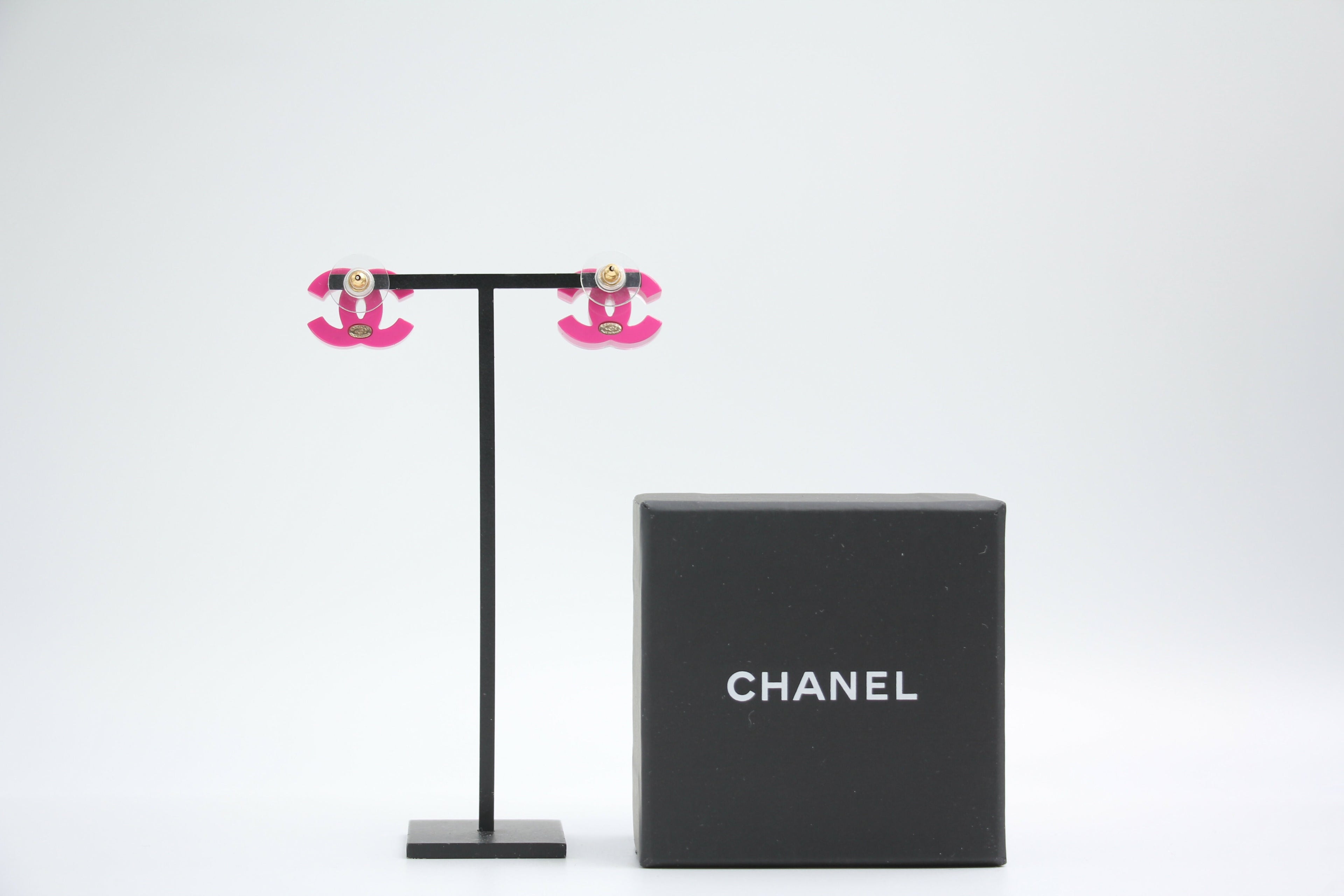 Chanel 2018 Resin Silver Glitter Pink Stud Earrings
