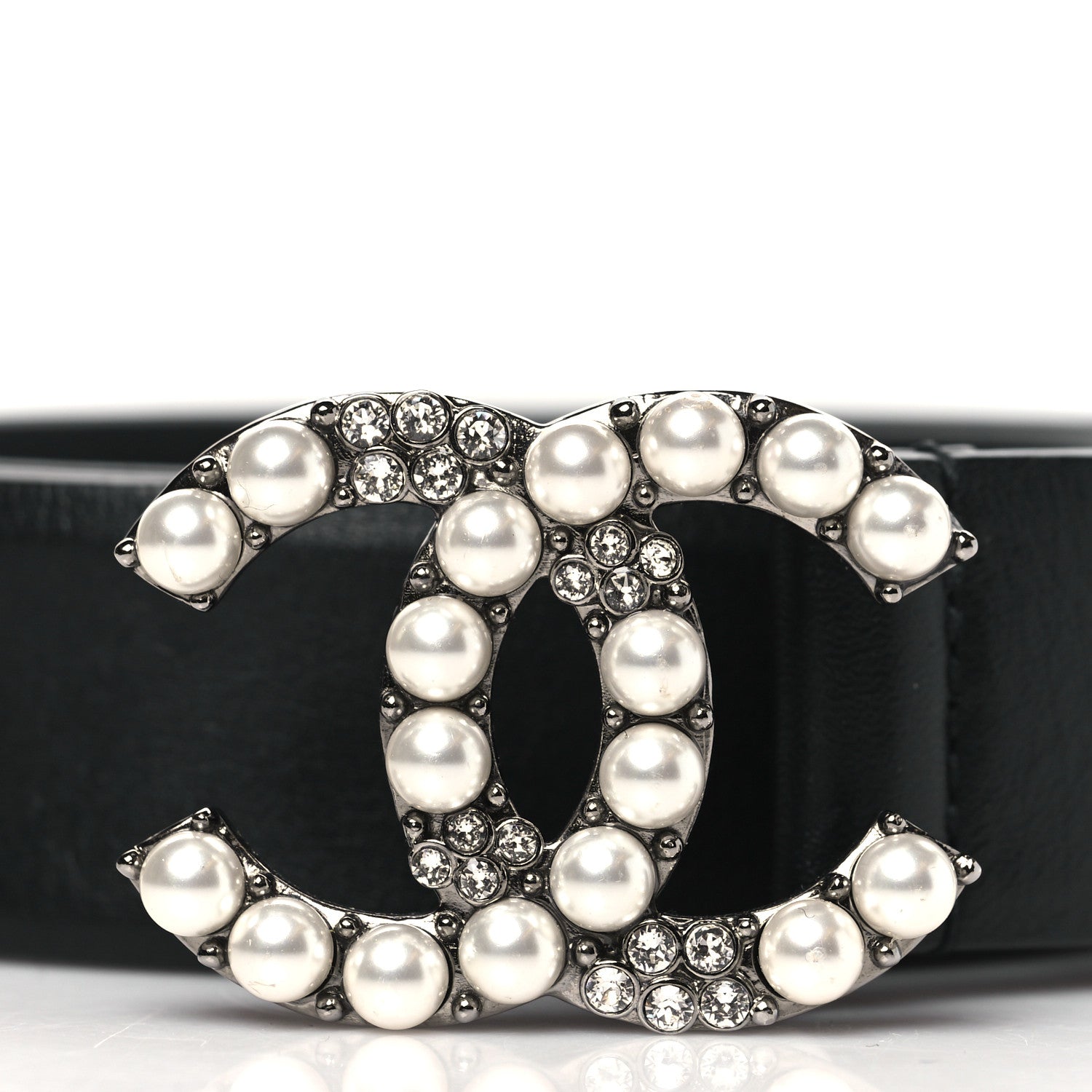 Calfskin Pearl Crystal CC Belt 85 34 Black