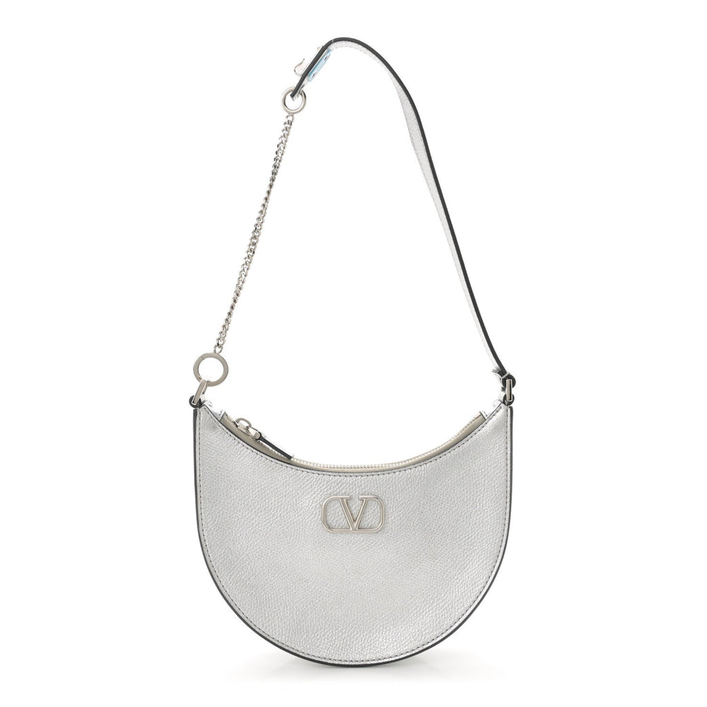 Metallic Grainy Calfskin Mini Vlogo Hobo Bag Silver