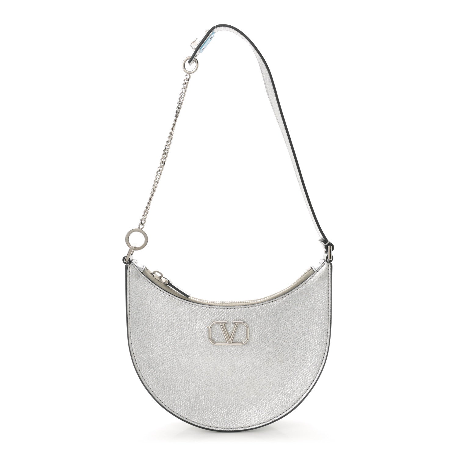 Metallic Grainy Calfskin Mini Vlogo Hobo Bag Silver