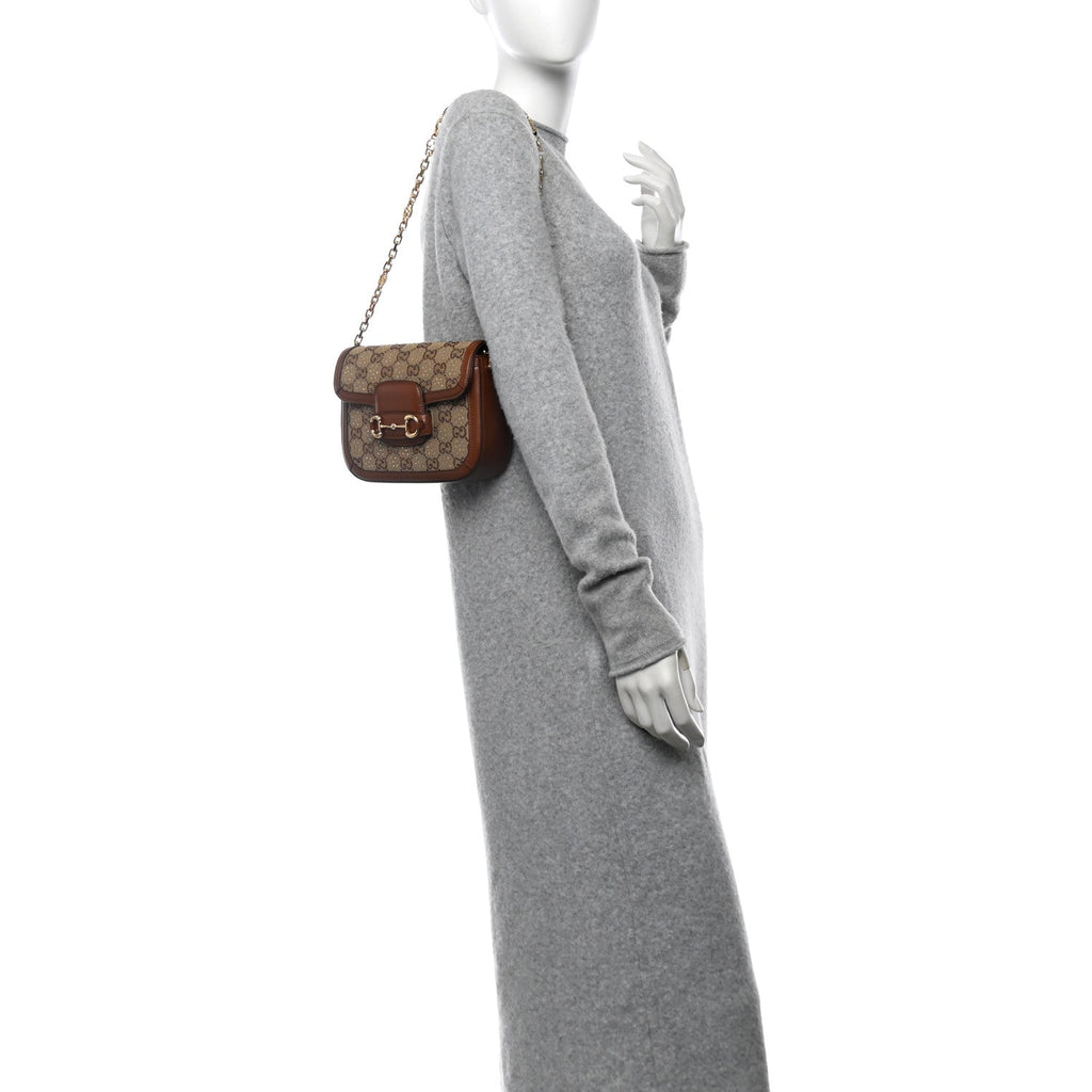 New Canvas Charisma Calfskin Crystal GG Monogram Mini Horsebit 1955 Shoulder Bag Camel Ebony