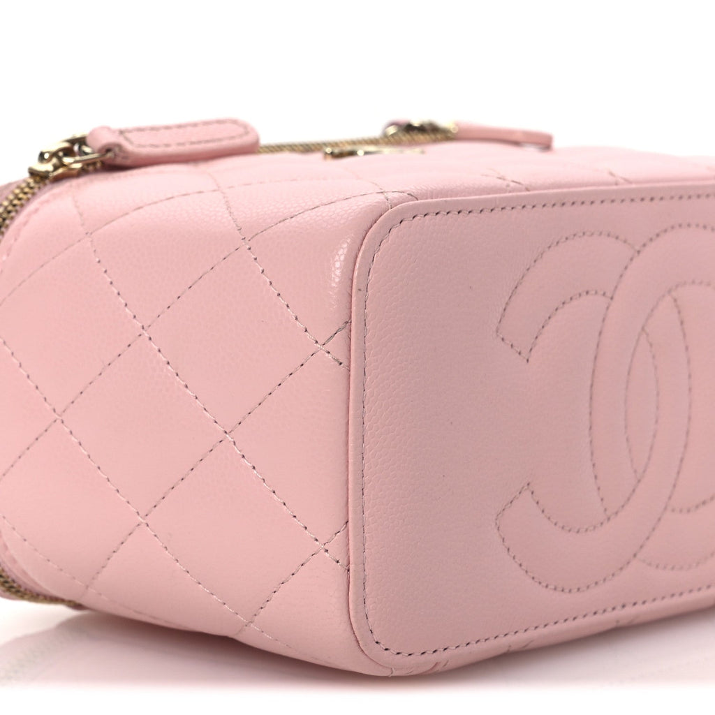 Caviar Quilted  Vanity Case With Chain Pink
