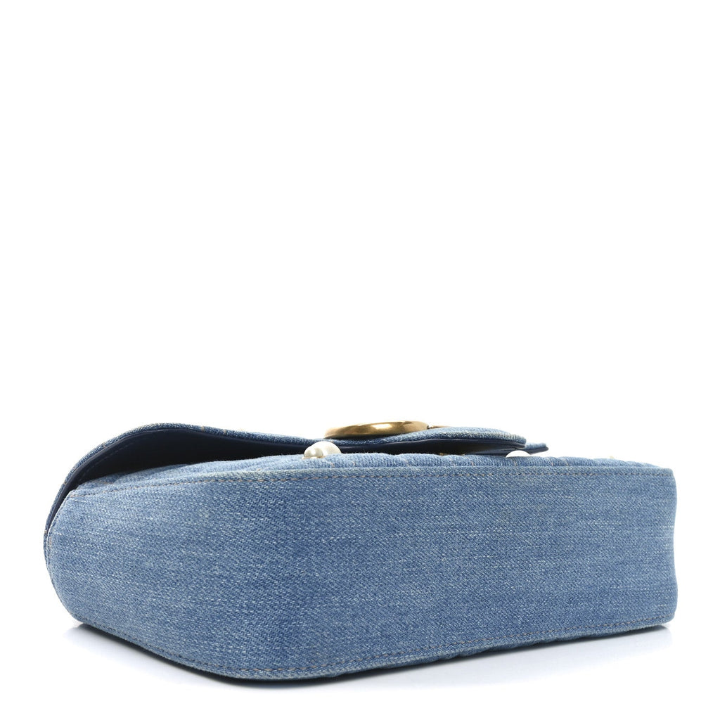 Denim Matelasse Pearl Studded Mini GG Marmont Shoulder Bag Blue