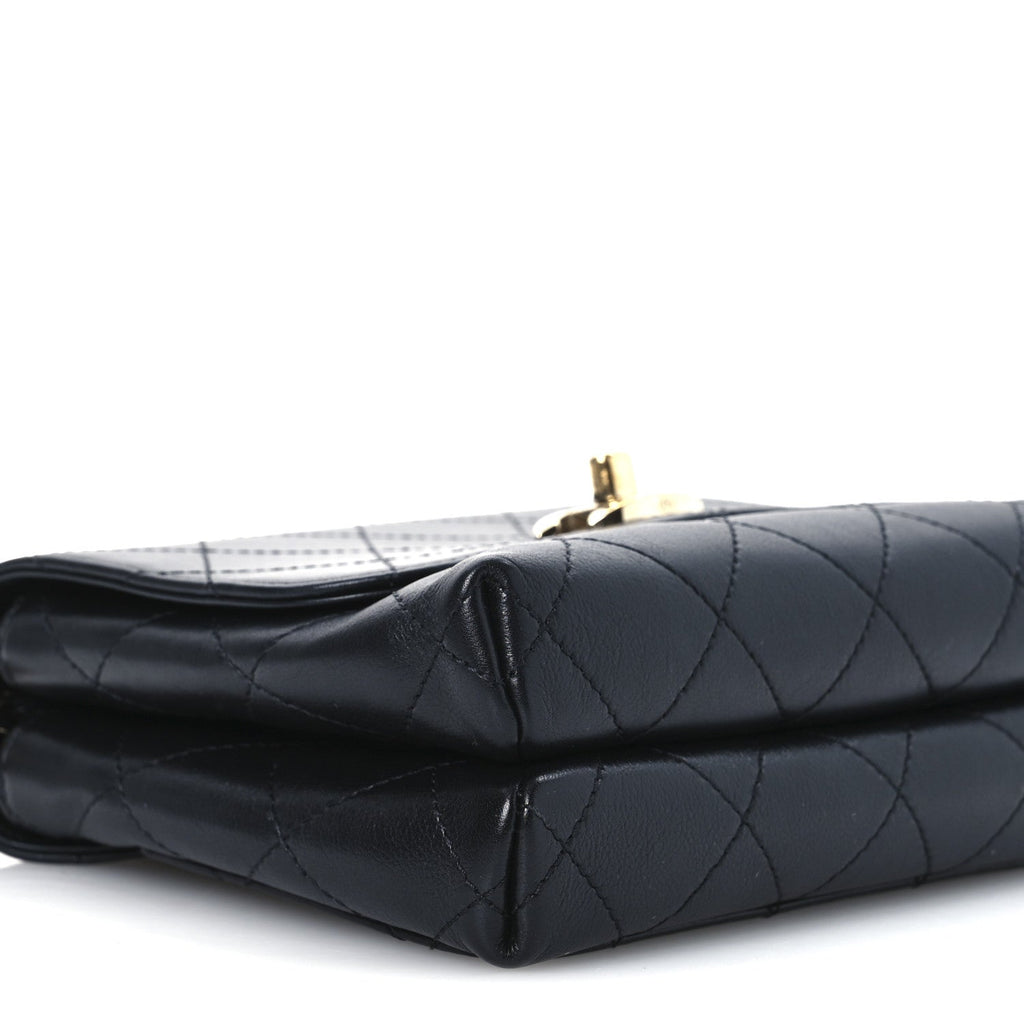Calfskin Quilted Small Double Pocket Top Handle Flap Black