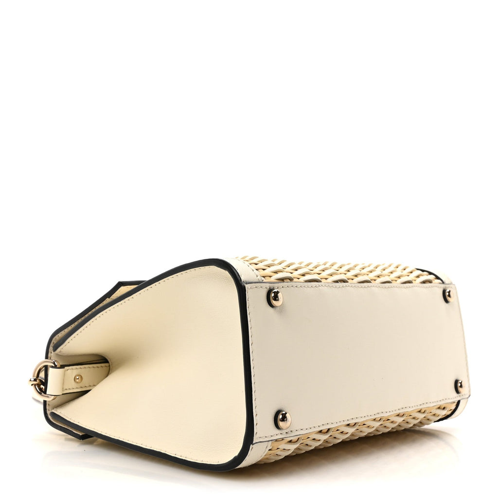 Wicker Calfskin Small VSling Top Handle Bag Natural White