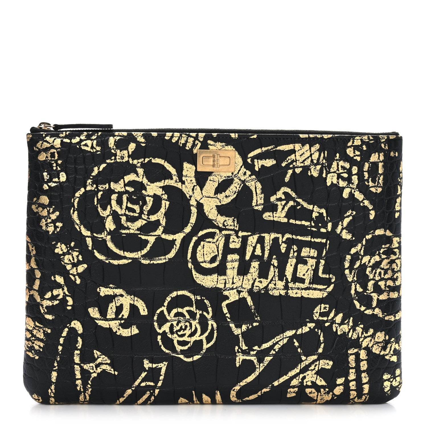 Calfskin Crocodile Embossed Graffiti 2.55 Medium Cocodile Reissue Cosmetic Case Black Gold