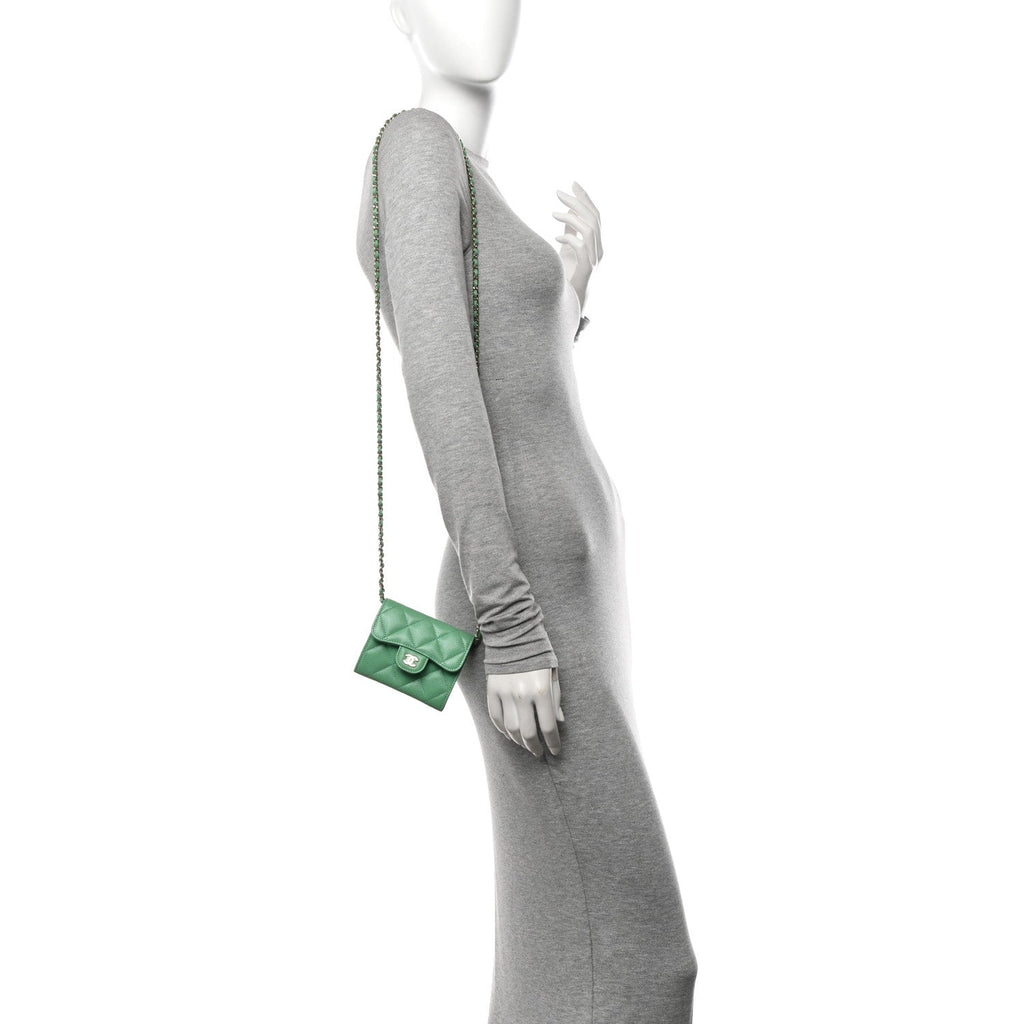 Caviar Quilted Flap  Holder On Chain Light Green