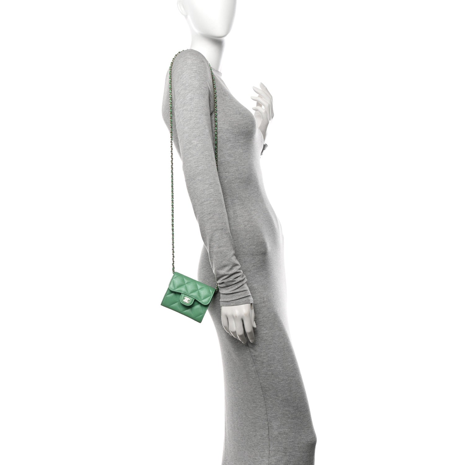 Caviar Quilted Flap  Holder On Chain Light Green
