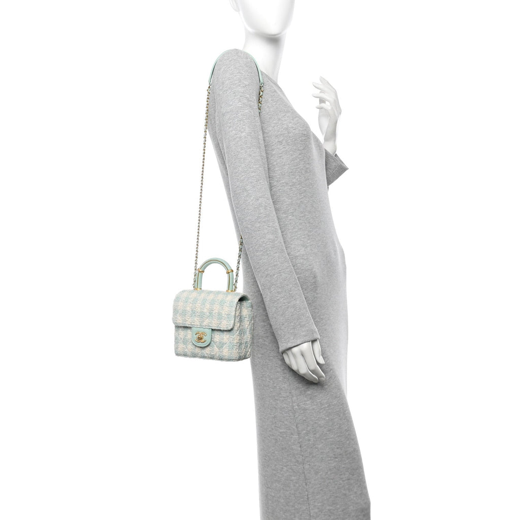 Tweed Handle Crush Top Handle Flap Bag Light Blue Ecru