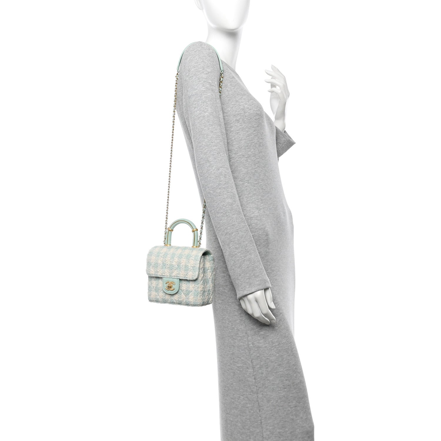 Tweed Handle Crush Top Handle Flap Bag Light Blue Ecru