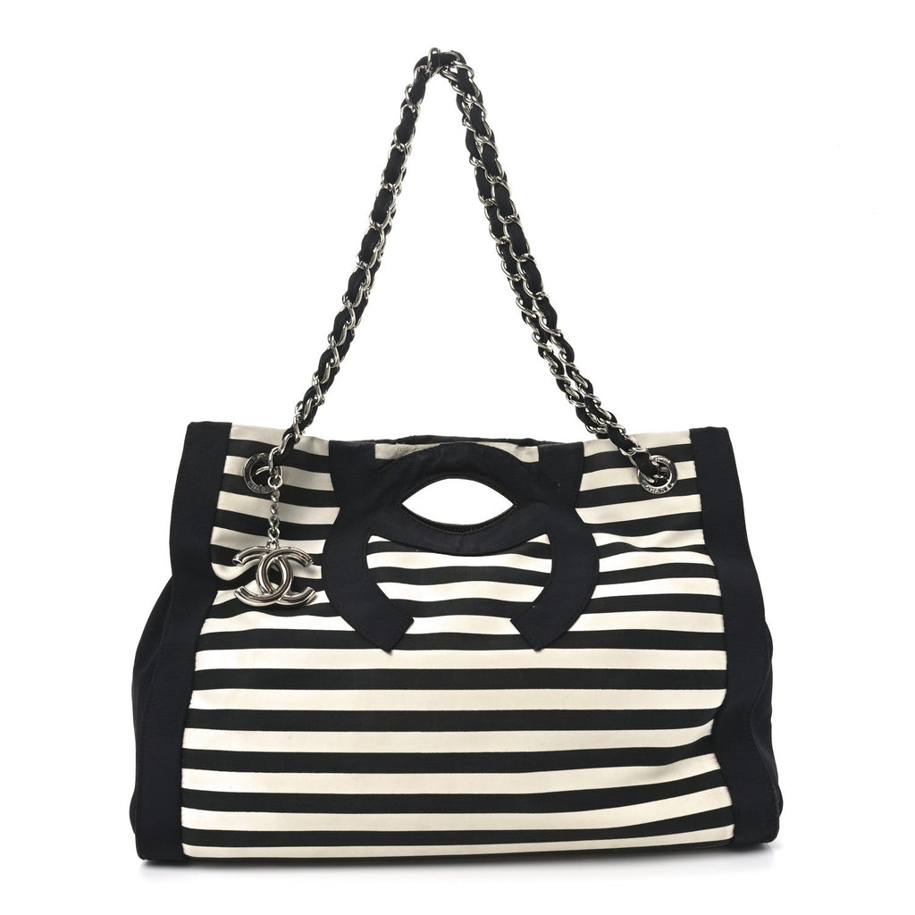 Canvas Grosgrain Striped CC Shopping Tote Black White