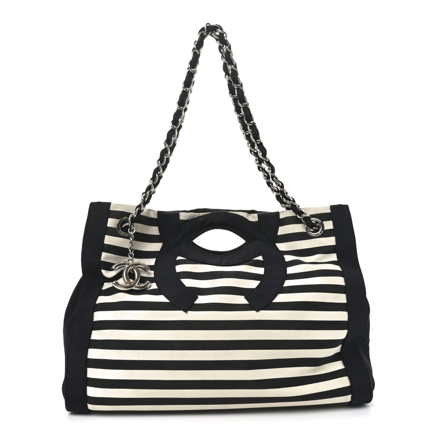 Canvas Grosgrain Striped CC Shopping Tote Black White