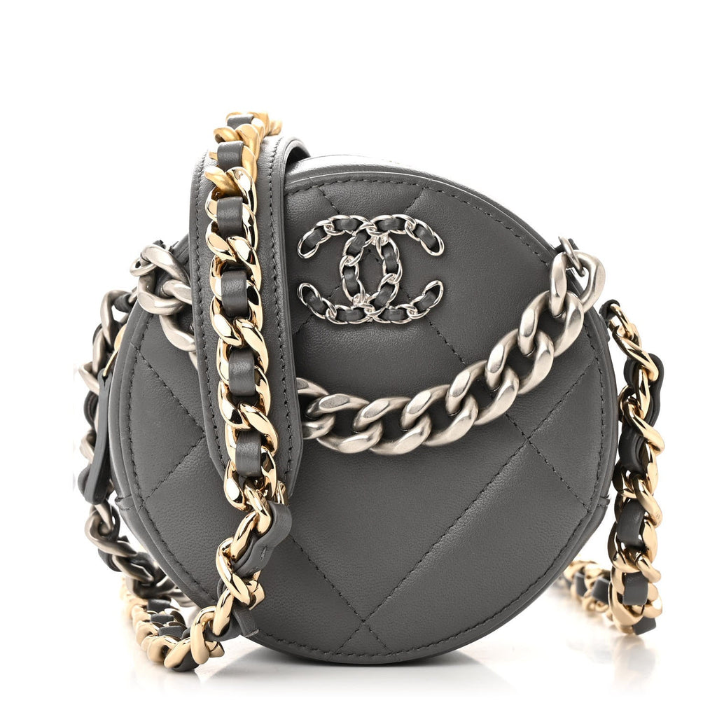 Lambskin Quilted Chanel 19 Round Clutch With Chain Grey