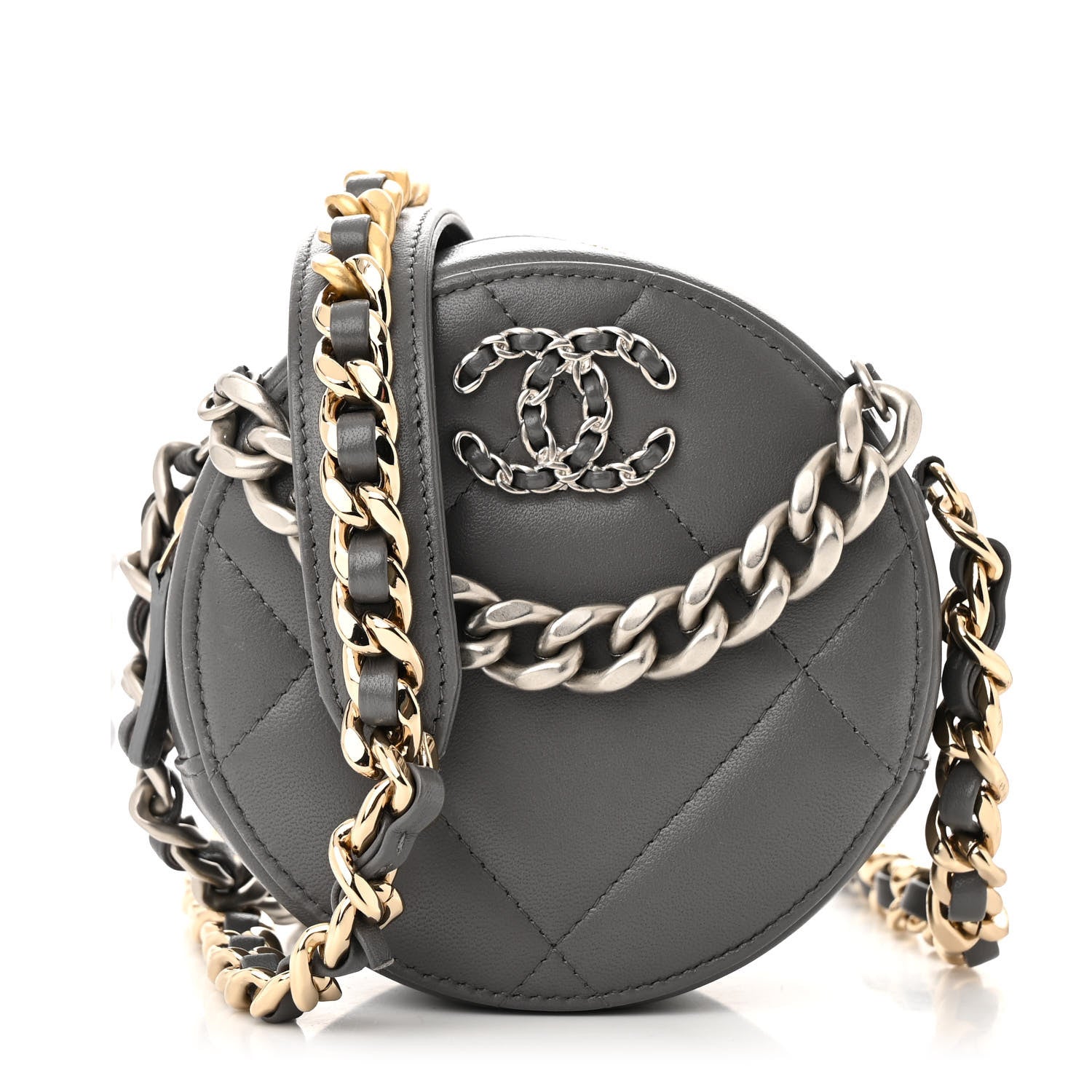 Lambskin Quilted Chanel 19 Round Clutch With Chain Grey