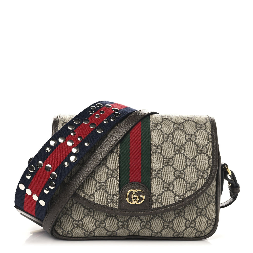 GG Supreme Monogram Textured Dollar Calfskin Web Studded Mini Ophidia Flap Shoulder Bag Beige Ebony New Acero