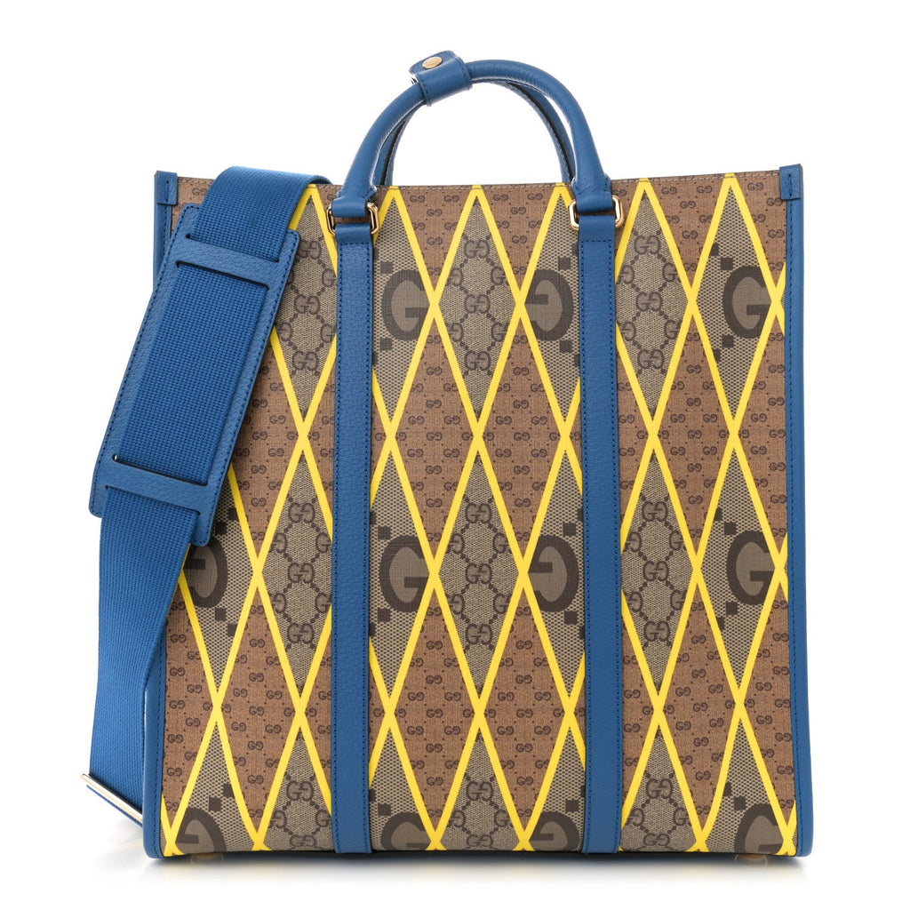 GG Supreme Monogram Mix Textured Dollar Calfskin Rhombus Inlay Large Tote Bag Beige Ebony Harvest Joy Blue