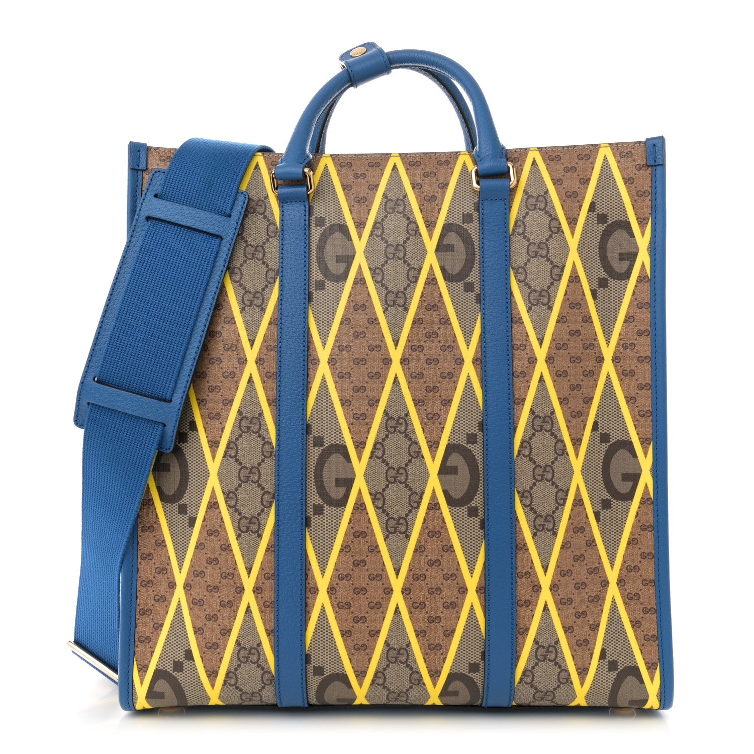GG Supreme Monogram Mix Textured Dollar Calfskin Rhombus Inlay Large Tote Bag Beige Ebony Harvest Joy Blue