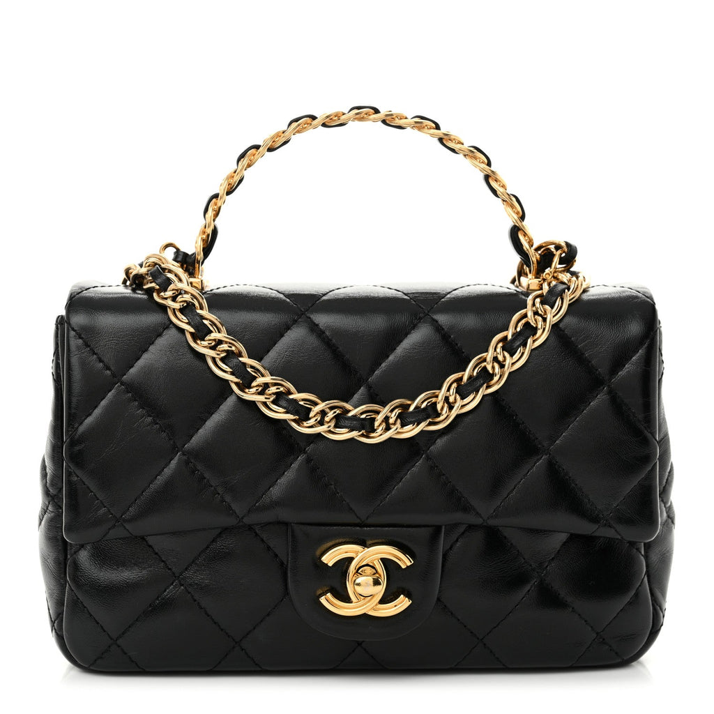 Shiny Lambskin Quilted Golden Links Top Handle Flap Black