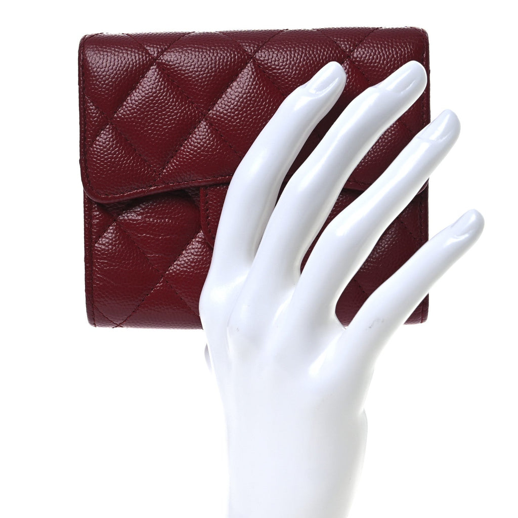 Caviar Quilted Compact Flap Wallet Dark Red