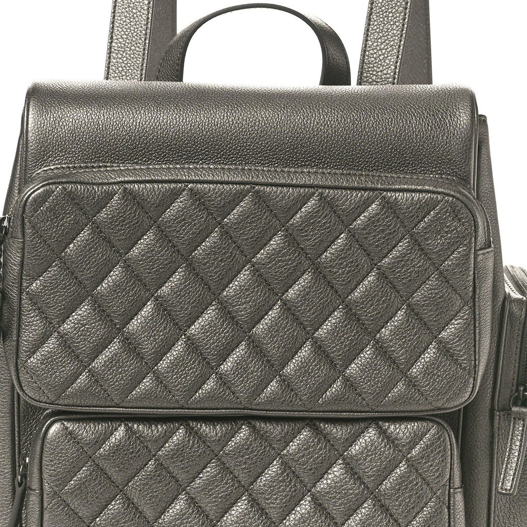 Metallic Grained Calfskin Quilted Large Casual Rock Backpack Charcoal