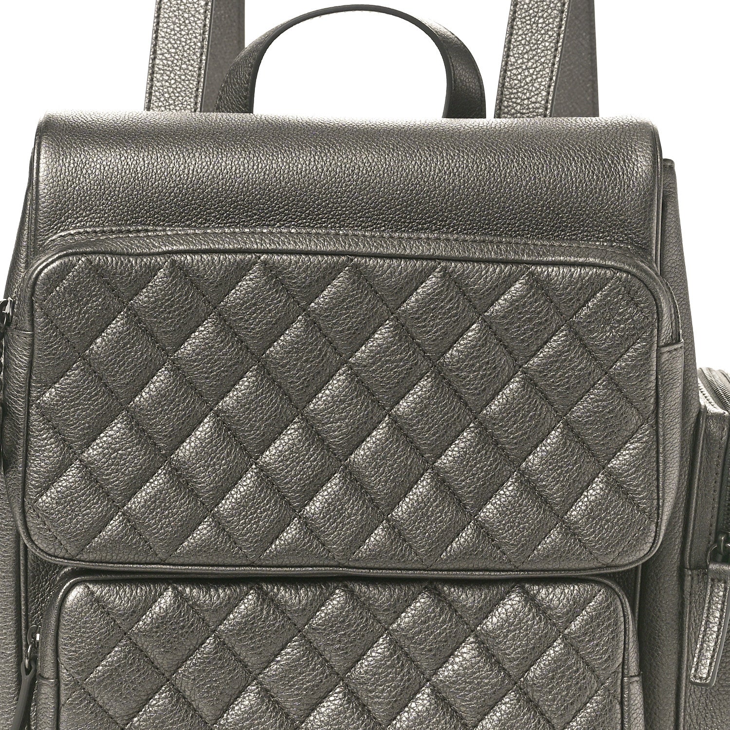 Metallic Grained Calfskin Quilted Large Casual Rock Backpack Charcoal