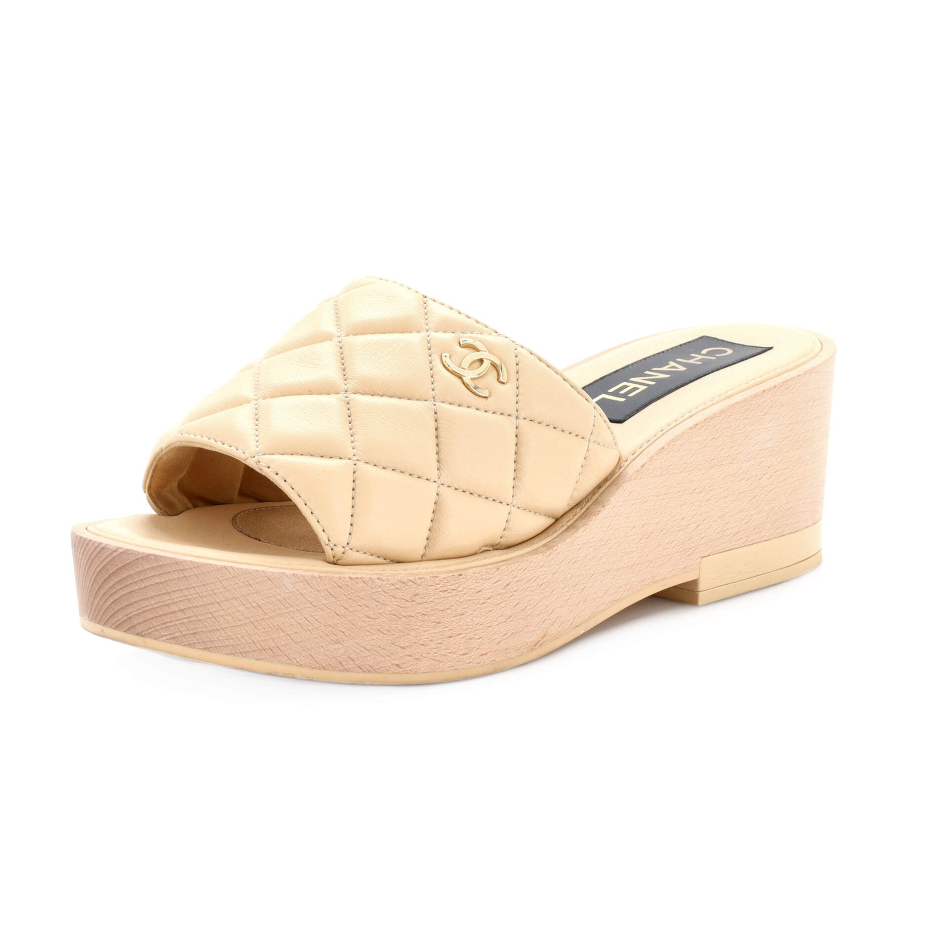 Women's Open Toe Platform Sandals Quilted Leather and Wood