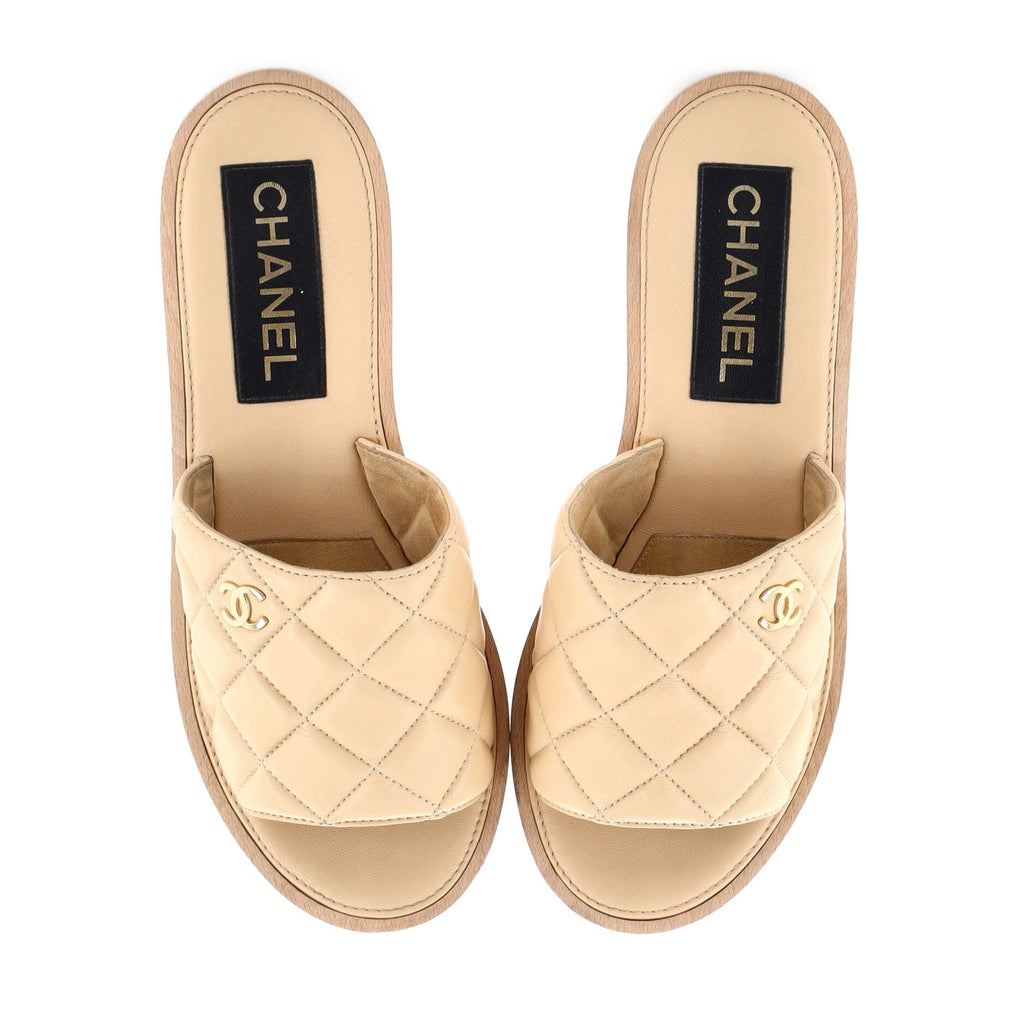 Women's Open Toe Platform Sandals Quilted Leather and Wood